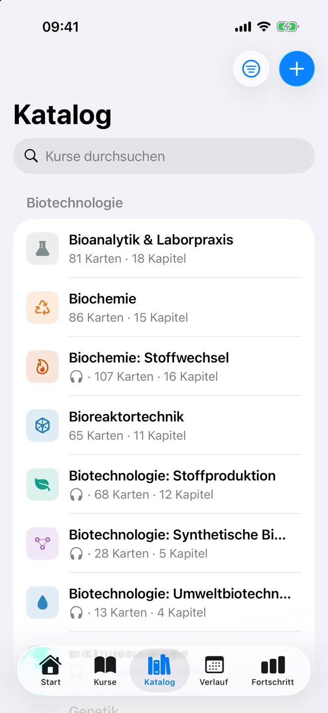 Katalog der App mit Kursen nach Fach