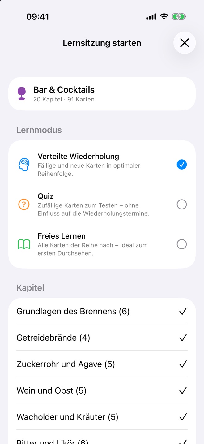 Dialog Lernsitzung starten mit den drei Lernmodi und der Kapitelauswahl