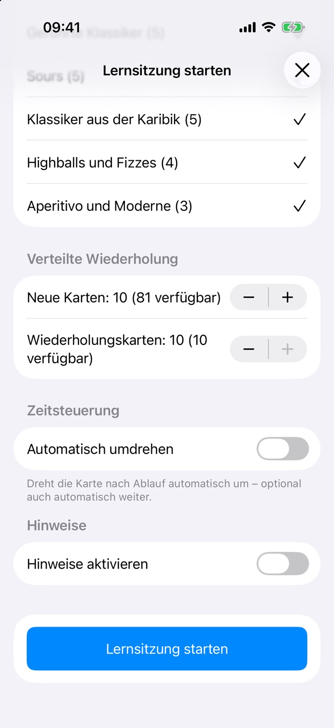 Sitzungsoptionen: Zahl der neuen Karten, Zeitsteuerung und Hinweise